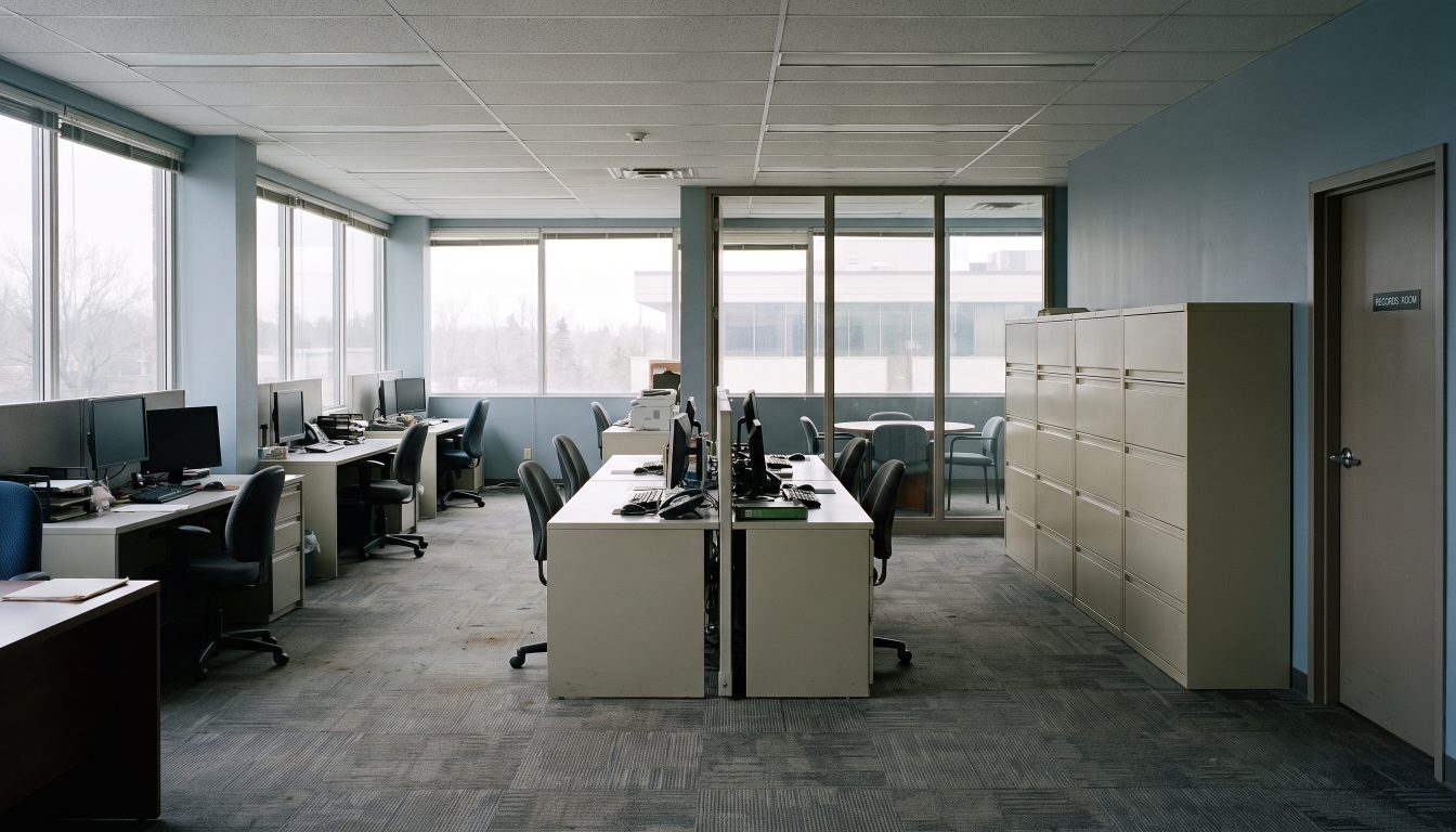 Empty accounting office with open workstations, meeting room and lateral filing cabinets