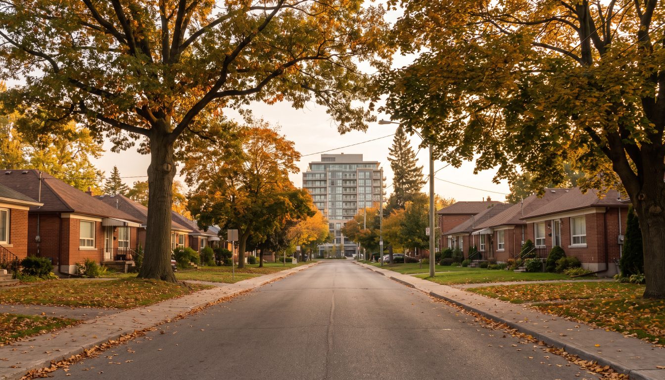 A tree-lined Etobicoke residential street with older detached homes and a low-rise condominium in the distance (illustrative)