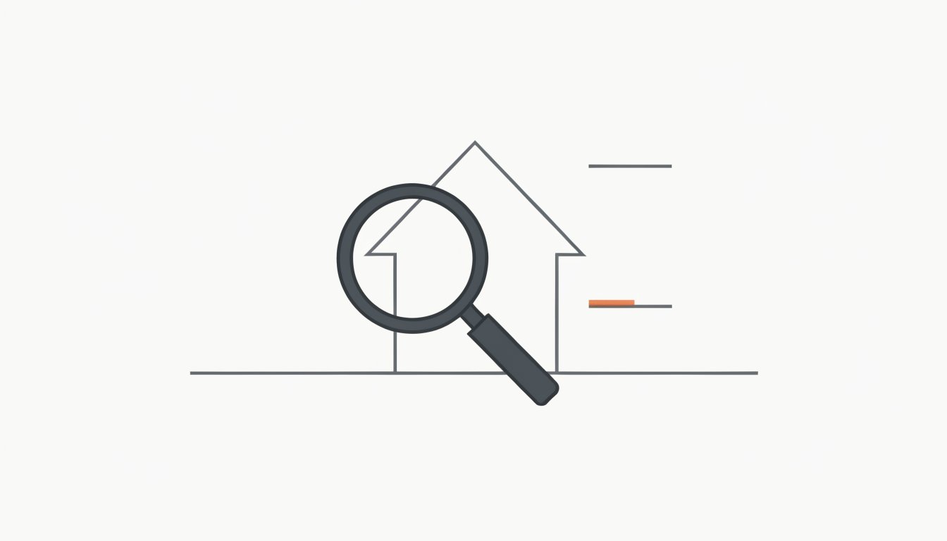 Flat vector illustration of a magnifying glass over a house beside two marker lines at different heights, the lower one accented