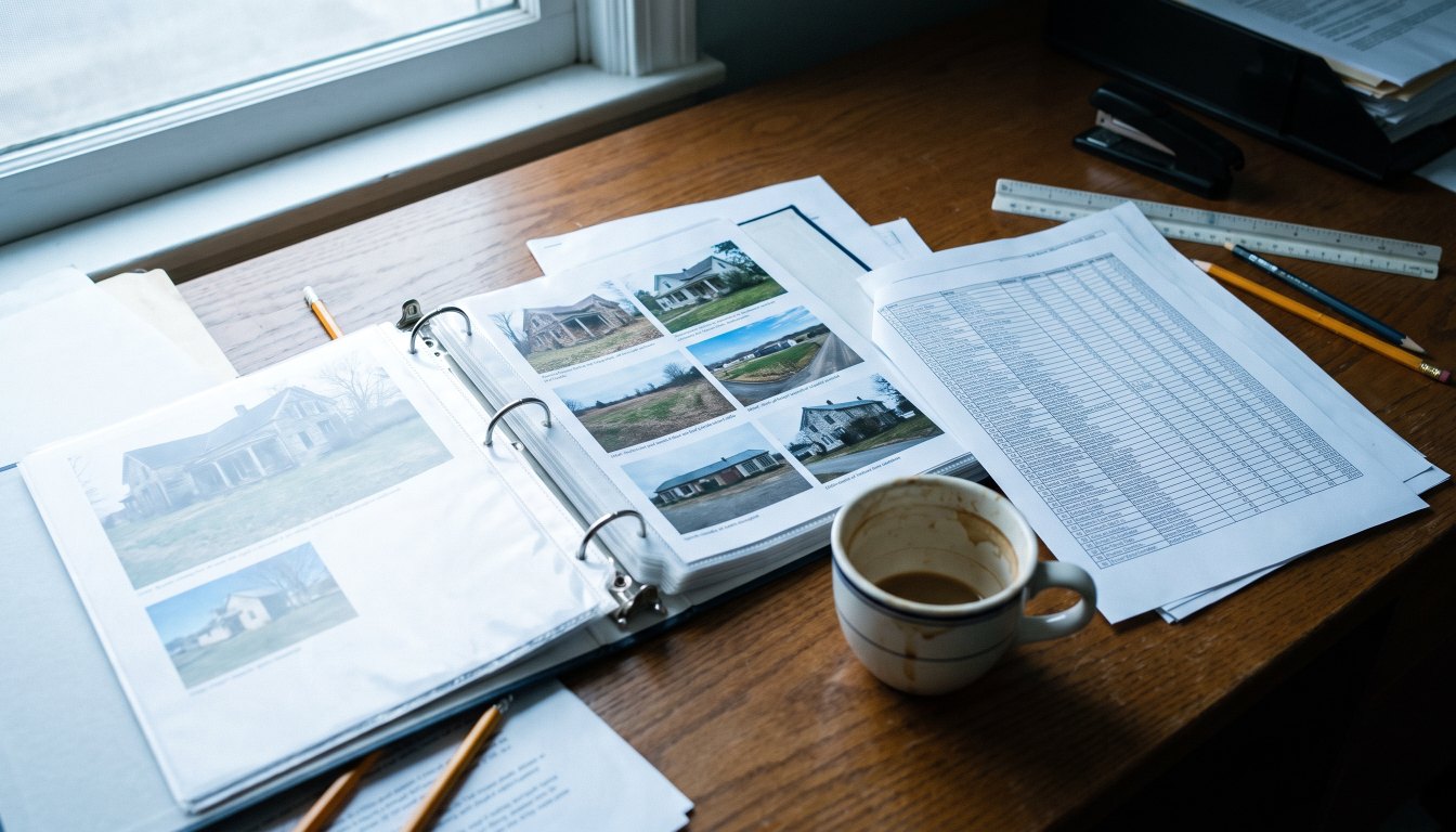 A desk with an open binder of property photographs and a printed spreadsheet in cool light