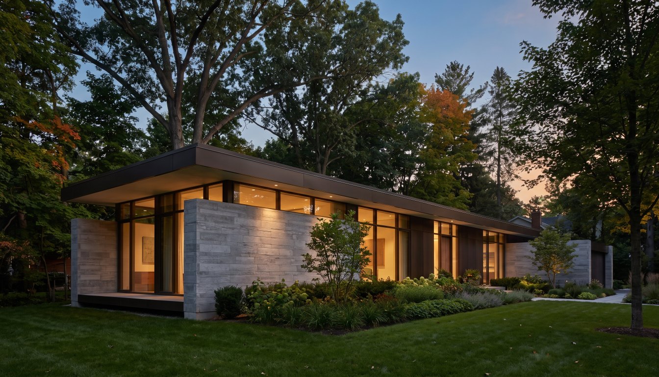 A restrained modern architect designed limestone house in Toronto at low evening light