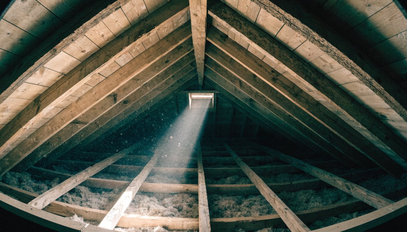 Loose fill insulation across attic joist bays in an older house, illustrating vermiculite and asbestos in Ontario homes.