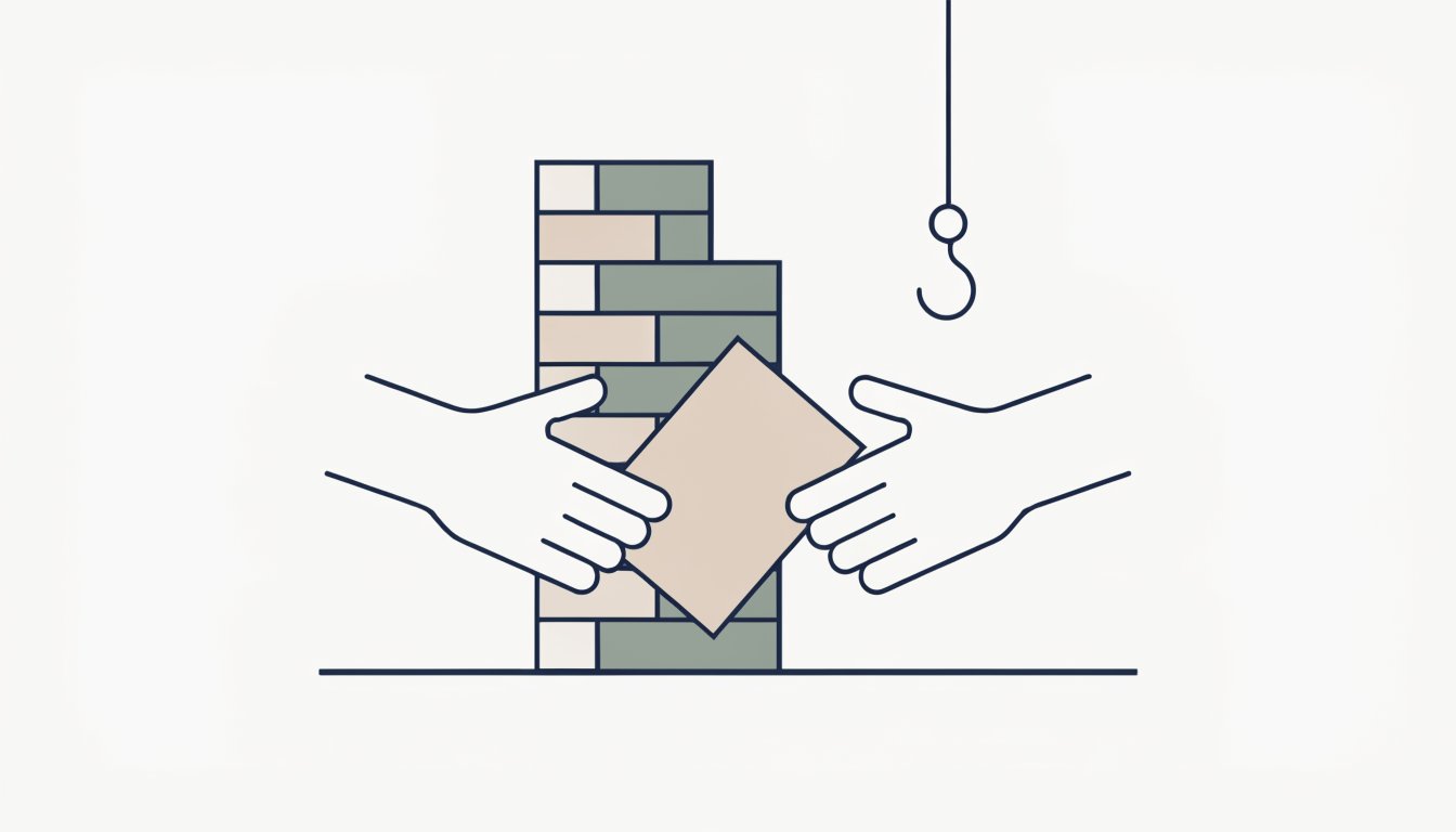 Flat vector illustration of a contract document passing between two hands in front of an unfinished tower block with a crane hook above