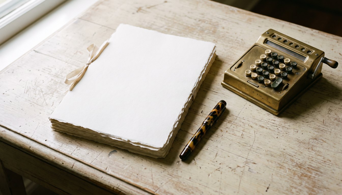 A contract, a fountain pen and a calculator on a pale desk in natural window light