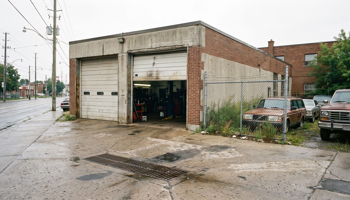 Exterior of an older single-storey automotive repair building with roll-up doors on a Toronto street