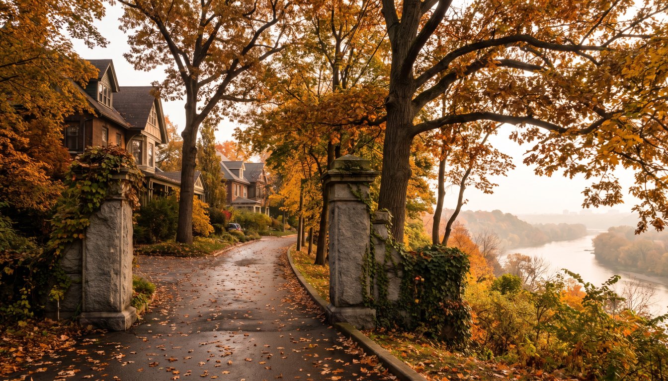 Stone entrance gateposts at the head of a residential street on a wooded peninsula in Toronto
