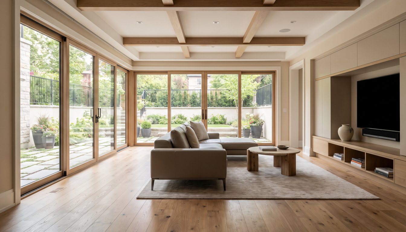 A finished walkout lower level with high ceilings and glass doors to a sunken garden