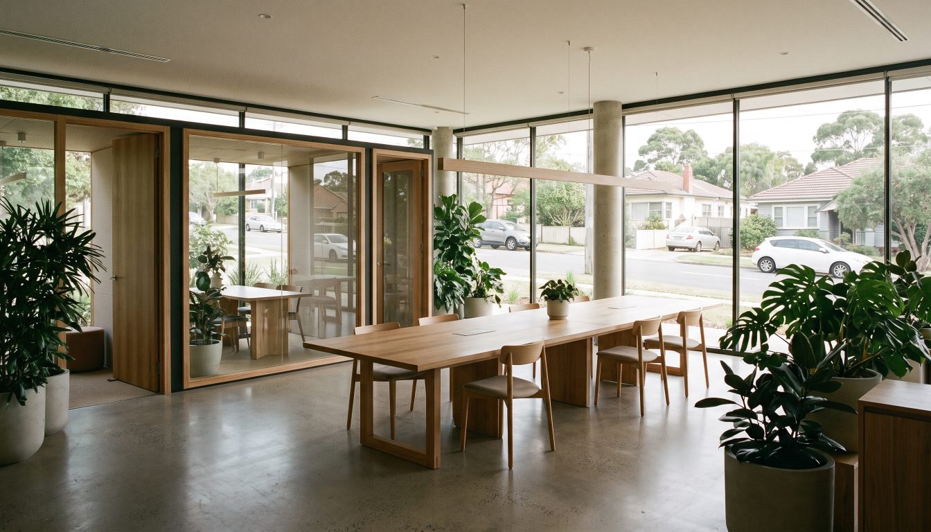 Bright open-plan real estate brokerage office with desks and meeting pods (illustrative)