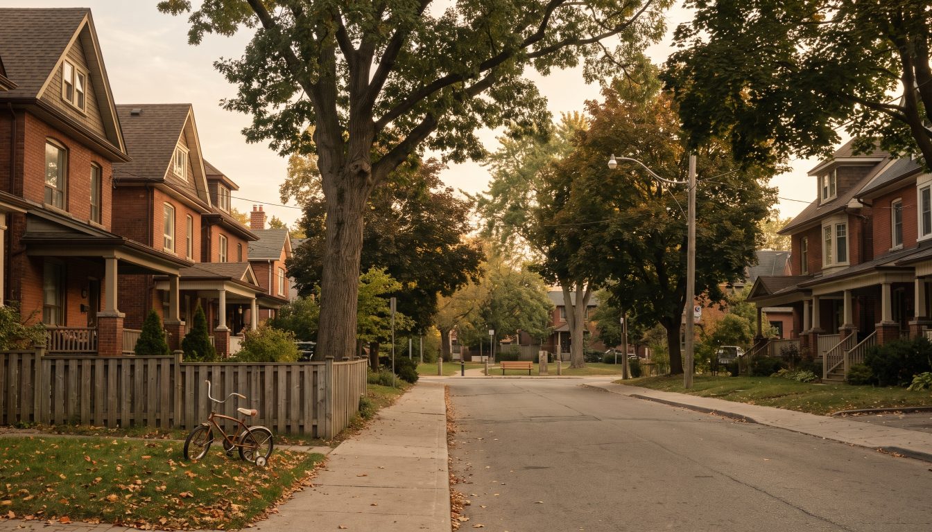 Quiet family street in west Toronto with detached homes and a bike on the lawn (illustrative)