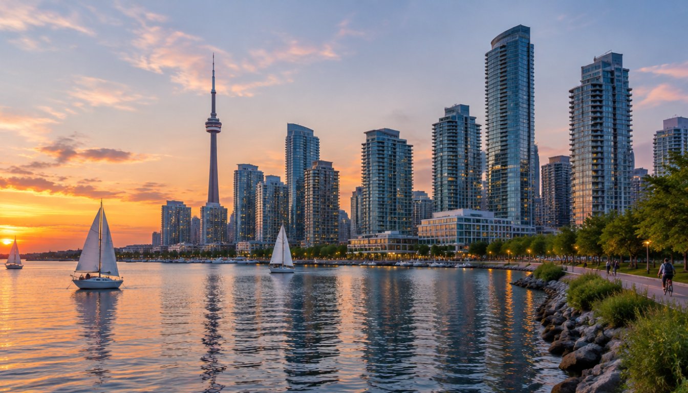 Toronto harbourfront condo towers seen from the water at dusk (illustrative)