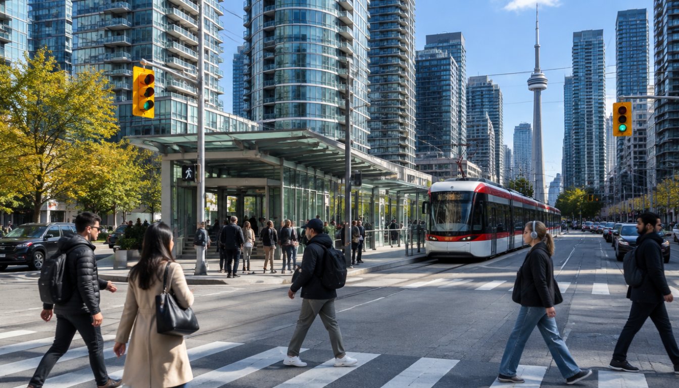 The yonge and eglinton intersection in midtown toronto with condo towers and a light rail station entrance (illustrative)