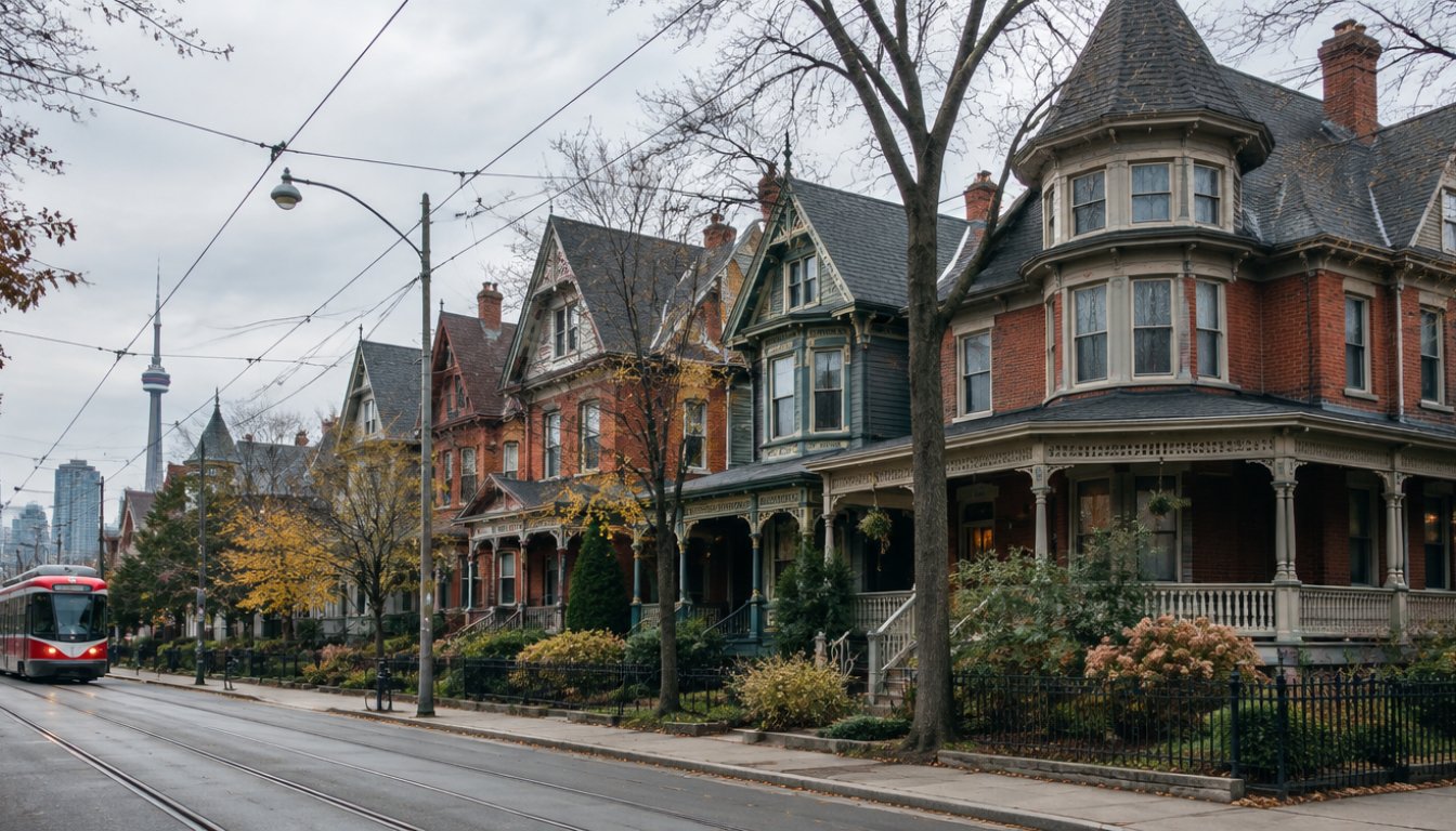 Large victorian houses with wraparound porches on a residential street in parkdale toronto (illustrative)
