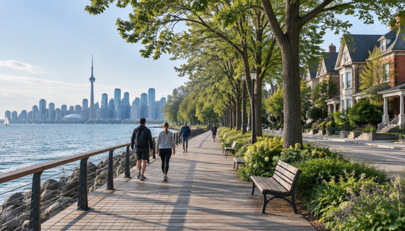 The beaches boardwalk in toronto with lake ontario (illustrative)