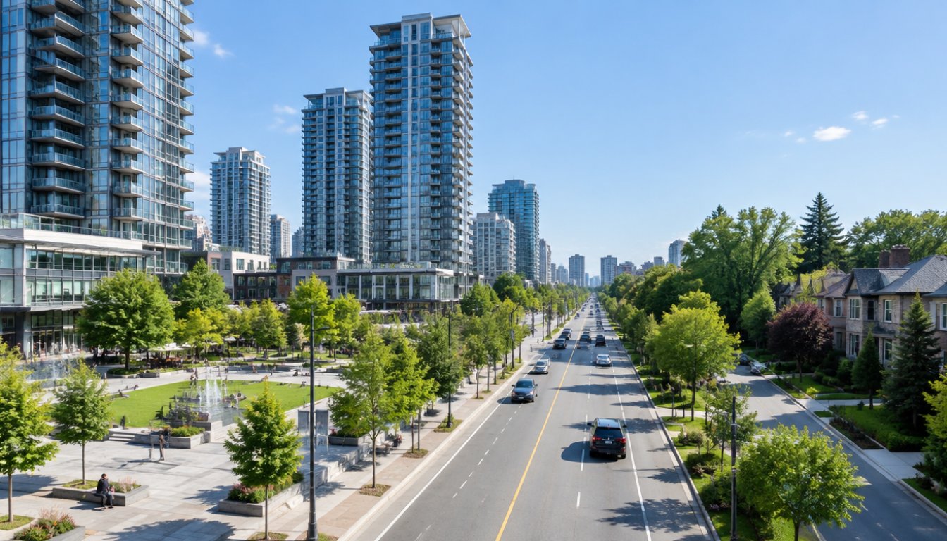 The yonge street corridor in north york centre toronto with condo towers and a public square (illustrative)