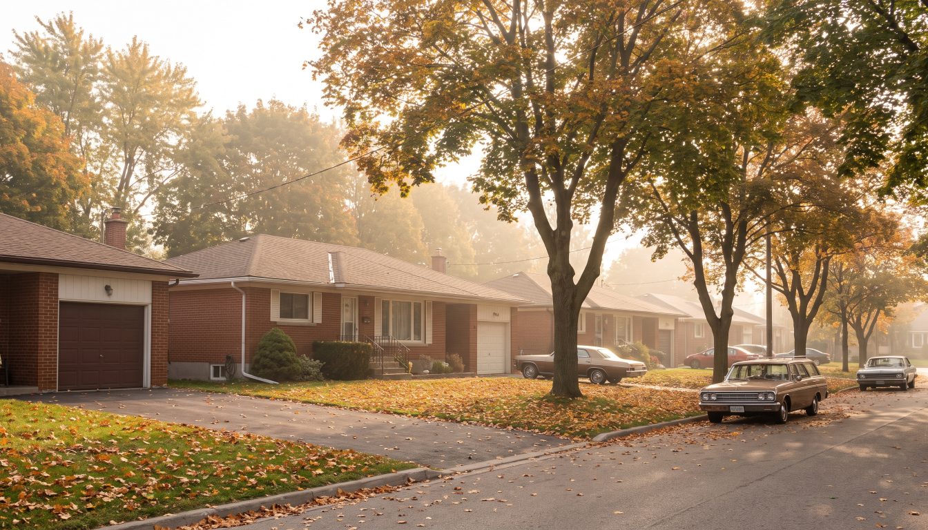 Street of 1950s brick bungalows with lawns and mature trees in Alderwood, Etobicoke (illustrative)