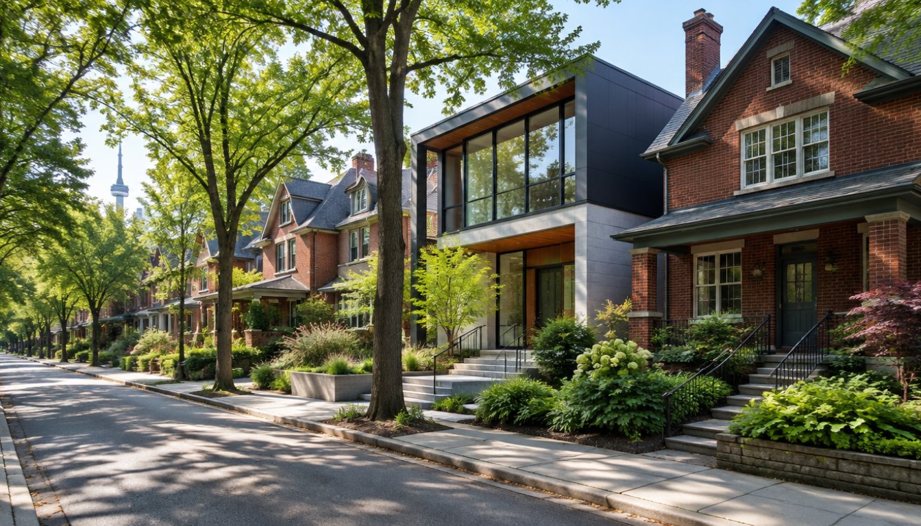 A narrow tree-lined street in bedford park toronto with a mix of original brick homes and a modern two-storey rebuild (illustrative)