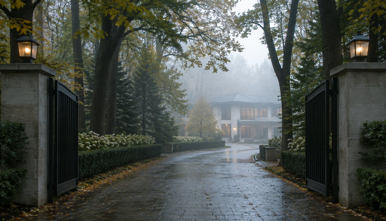 A gated estate driveway lined with mature trees in the bridle path area of toronto (illustrative)