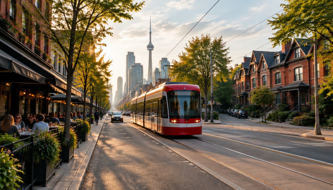 St. clair avenue west in corso italia toronto with a streetcar in its dedicated lane (illustrative)