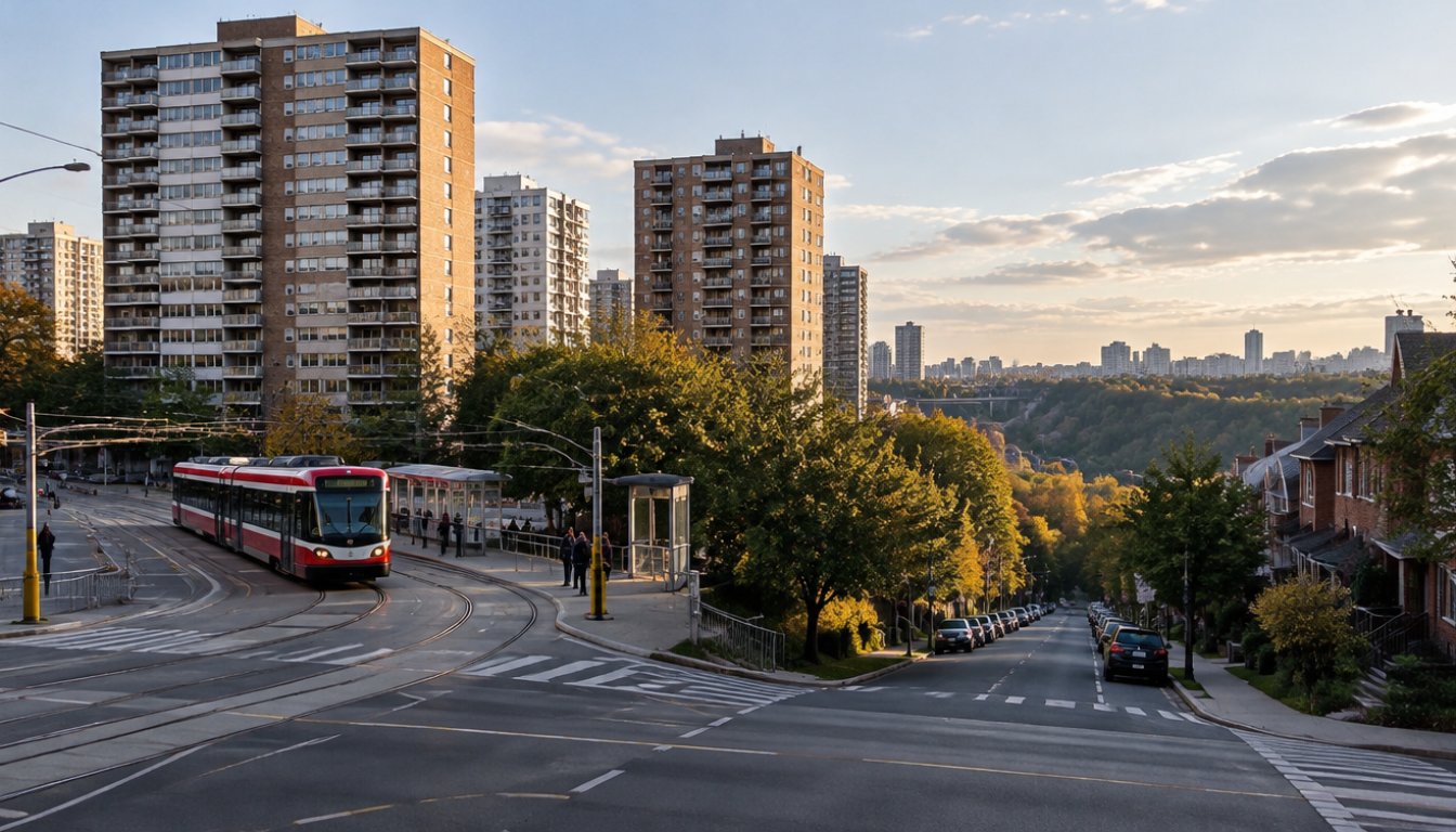 Yonge and st. clair in toronto with mid-century apartment towers (illustrative)