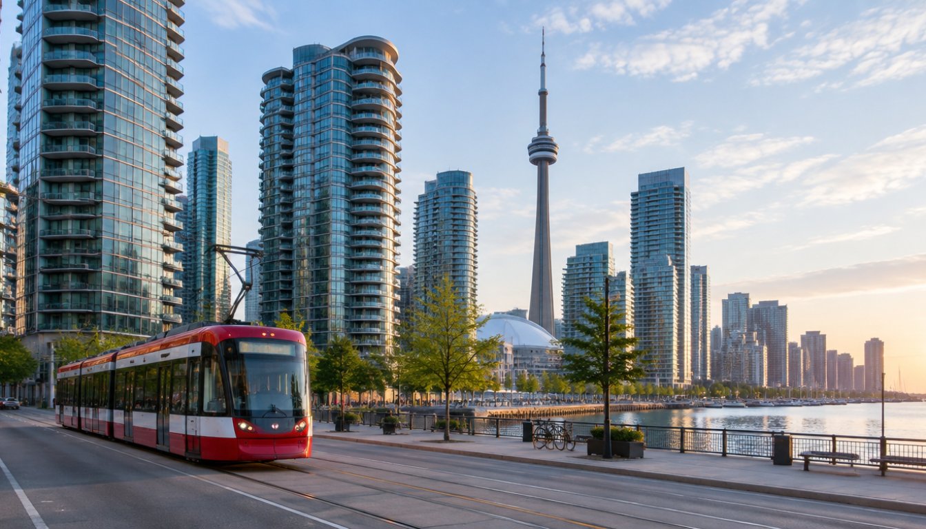 Wide downtown toronto condo towers along the waterfront at soft morning light (illustrative)