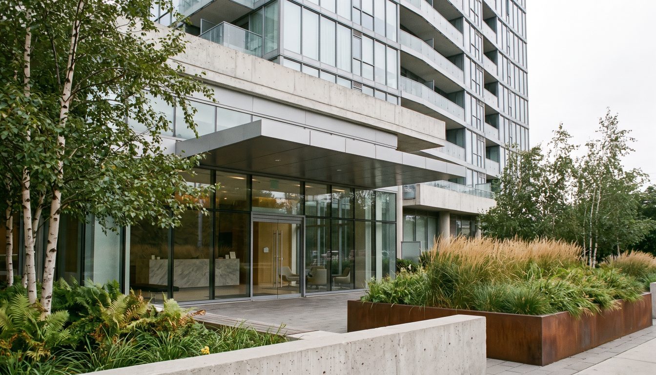 Modern condominium tower entrance with glass doors and planters in Toronto (illustrative)