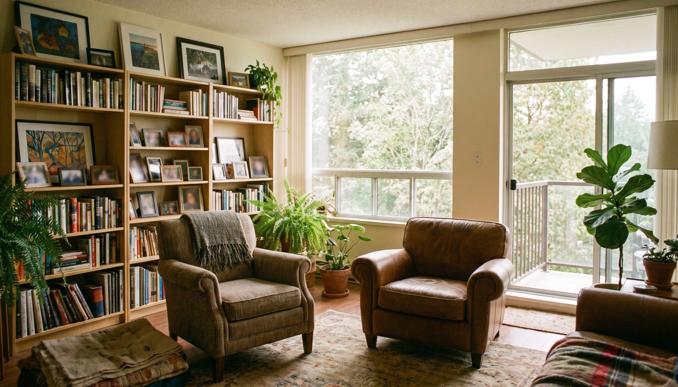 Calm condominium living room furnished for a retired couple (illustrative)