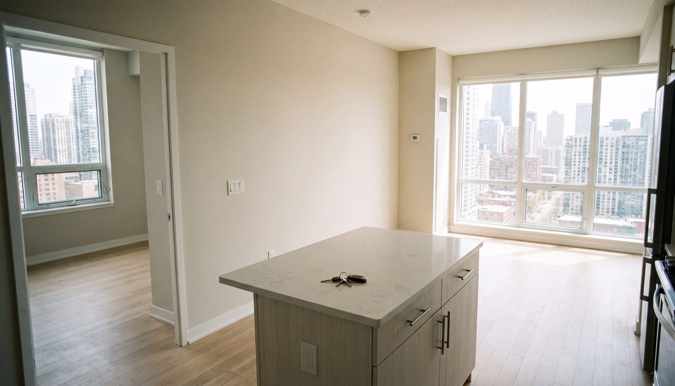Bright empty one-bedroom condo with keys on the kitchen counter (illustrative)