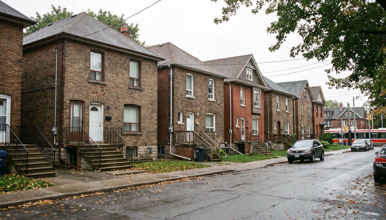 Brick semi-detached rental homes with side entrances on a Toronto street (illustrative)