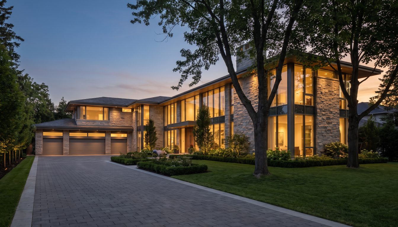Modern luxury detached home with stone facade glowing at dusk in Toronto (illustrative)