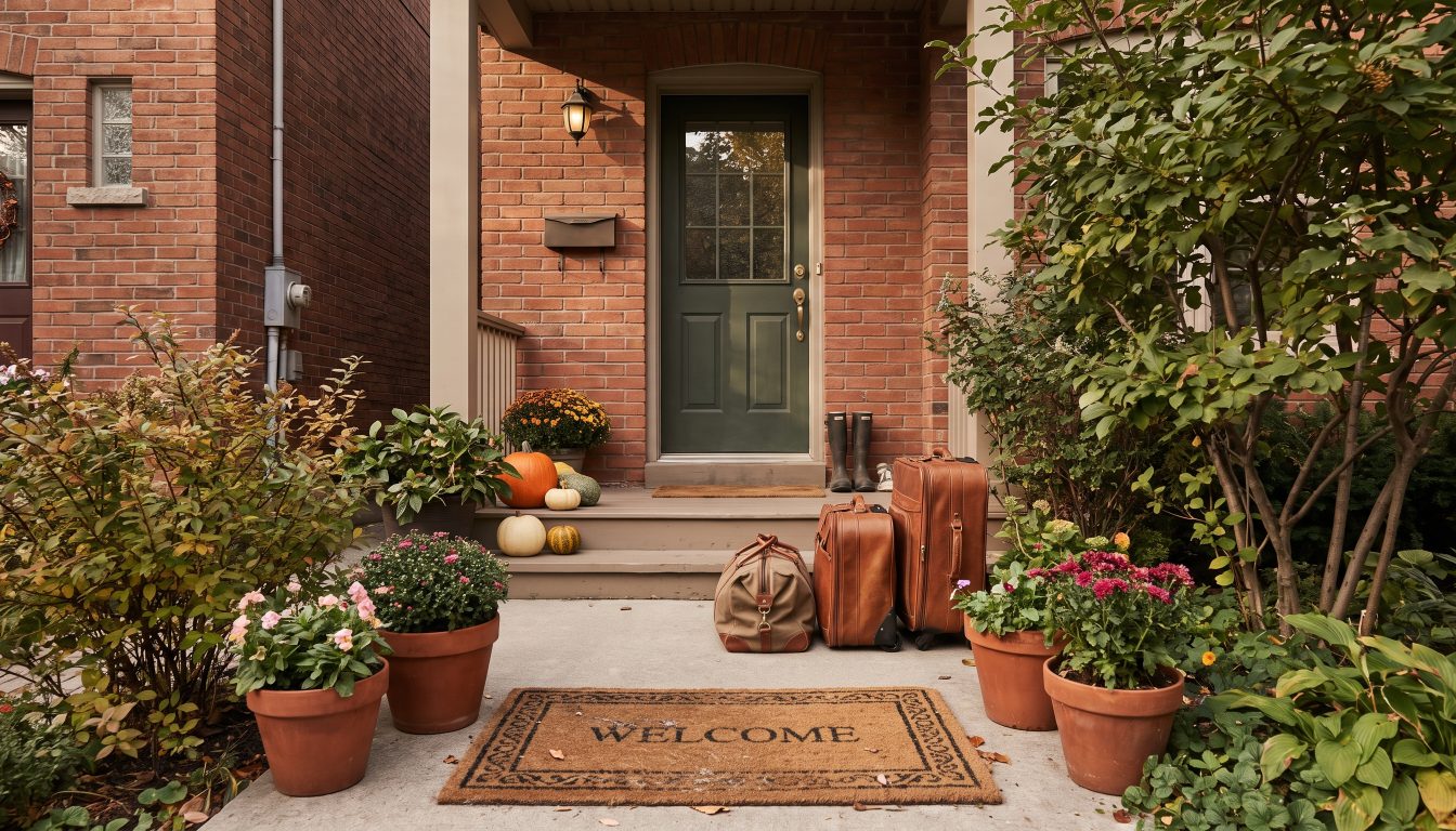 Welcoming townhouse entrance with luggage by the door in a Toronto suburb (illustrative)