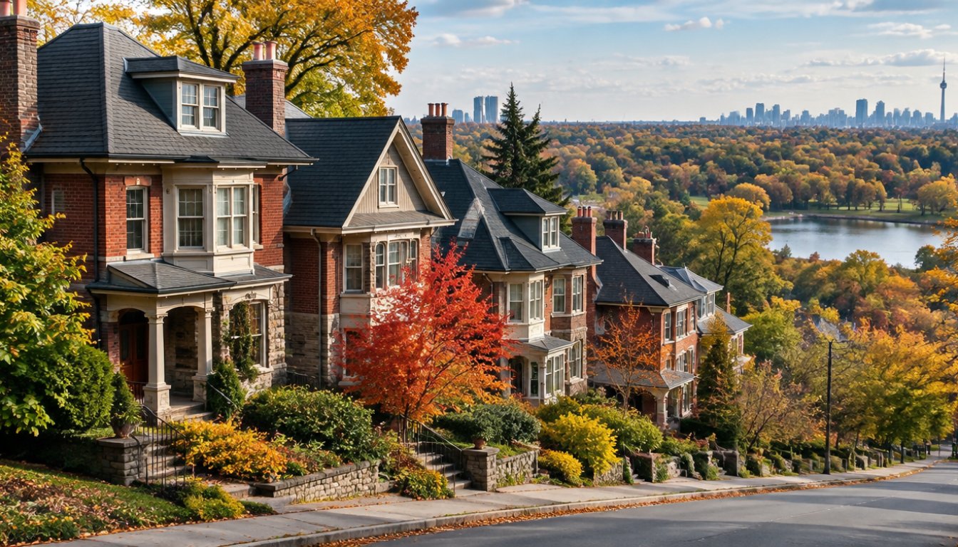 Edwardian detached homes on a hillside street in swansea toronto with high park treetops and grenadier pond in the distance (illustrative)