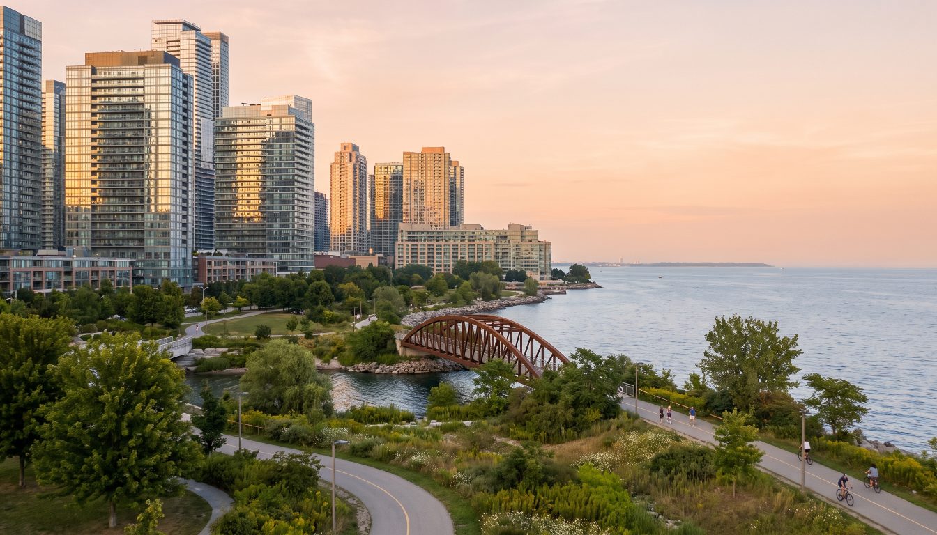 Glass condominium towers behind a lakefront park and trail in Humber Bay Shores, Toronto (illustrative)