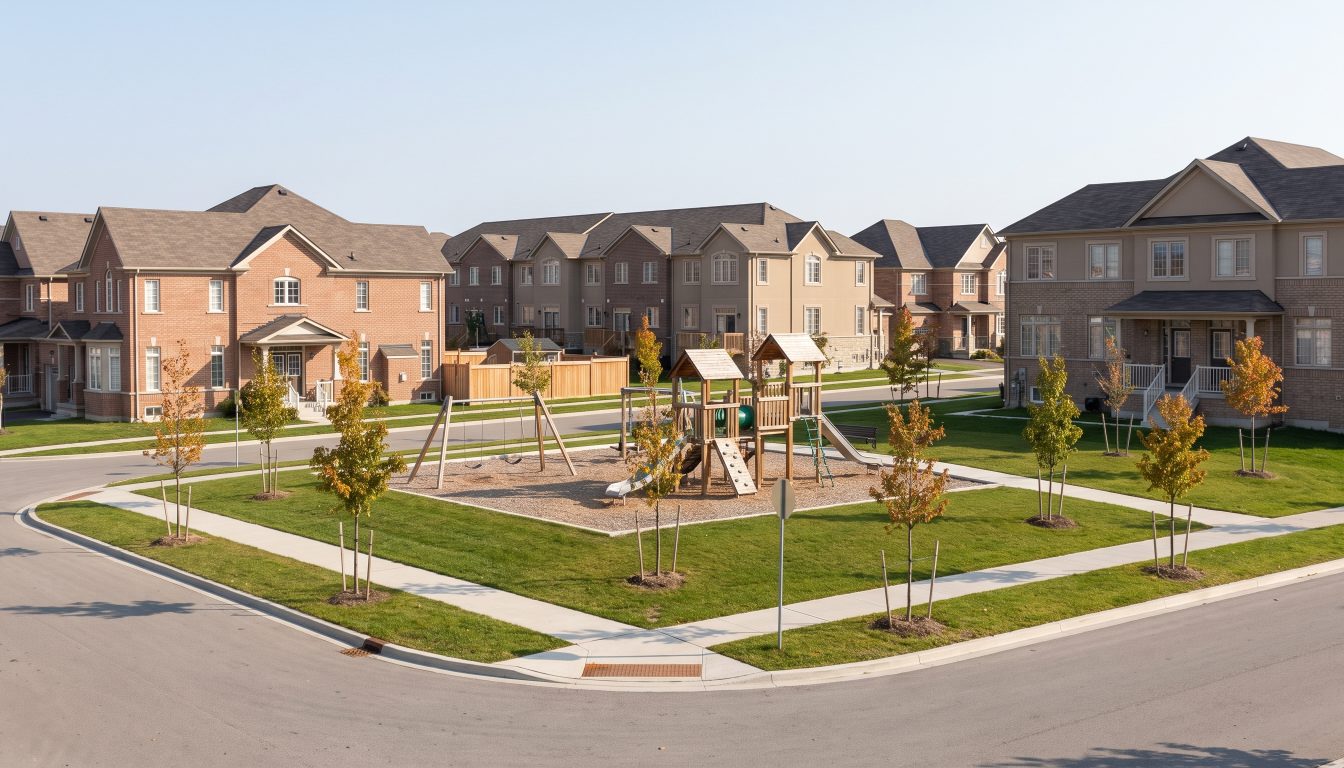 Family-friendly suburban street with detached homes and a park in Ajax (illustrative)
