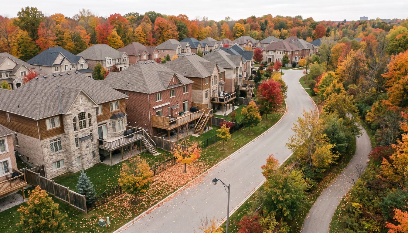 Stone and brick detached homes backing onto a wooded ravine in Aurora (illustrative)