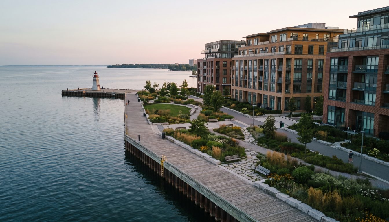 Lakeside waterfront promenade and pier with residential buildings in Burlington (illustrative)