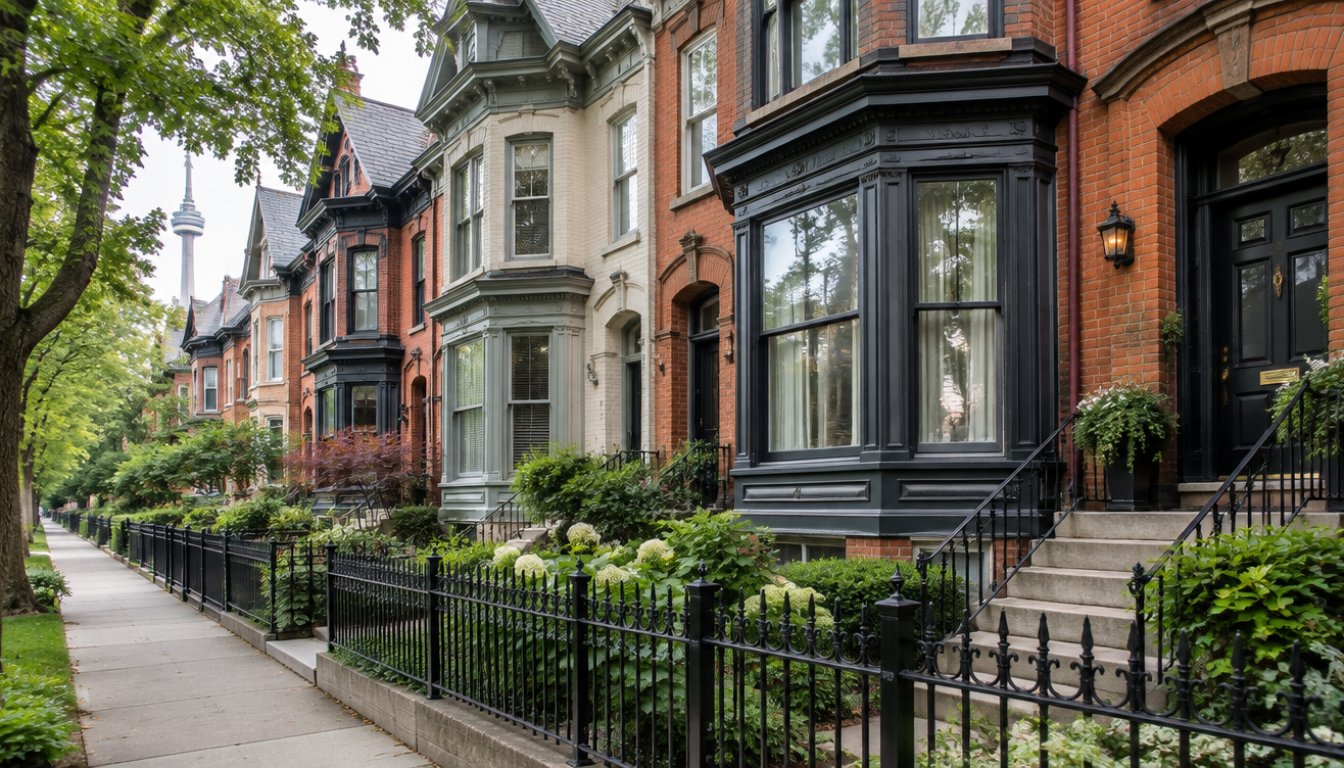 A row of restored victorian houses with bay windows and iron fences on a leafy cabbagetown street in toronto (illustrative)