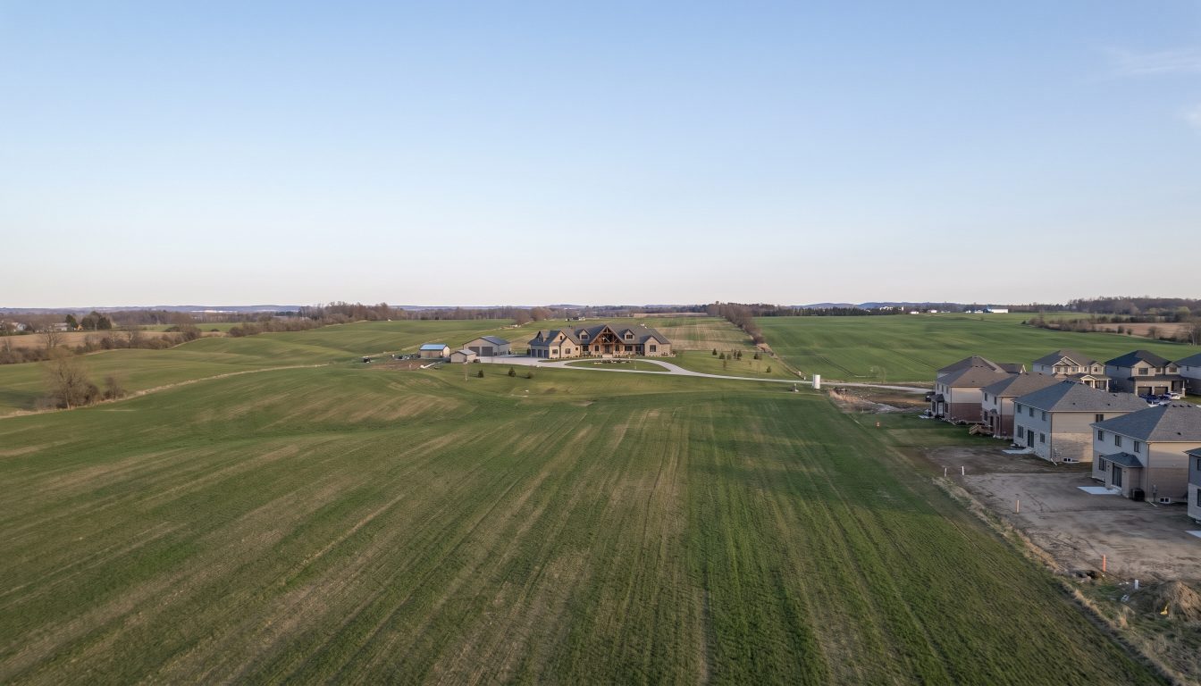 Countryside estate home and a new subdivision at the edge of fields in Caledon (illustrative)