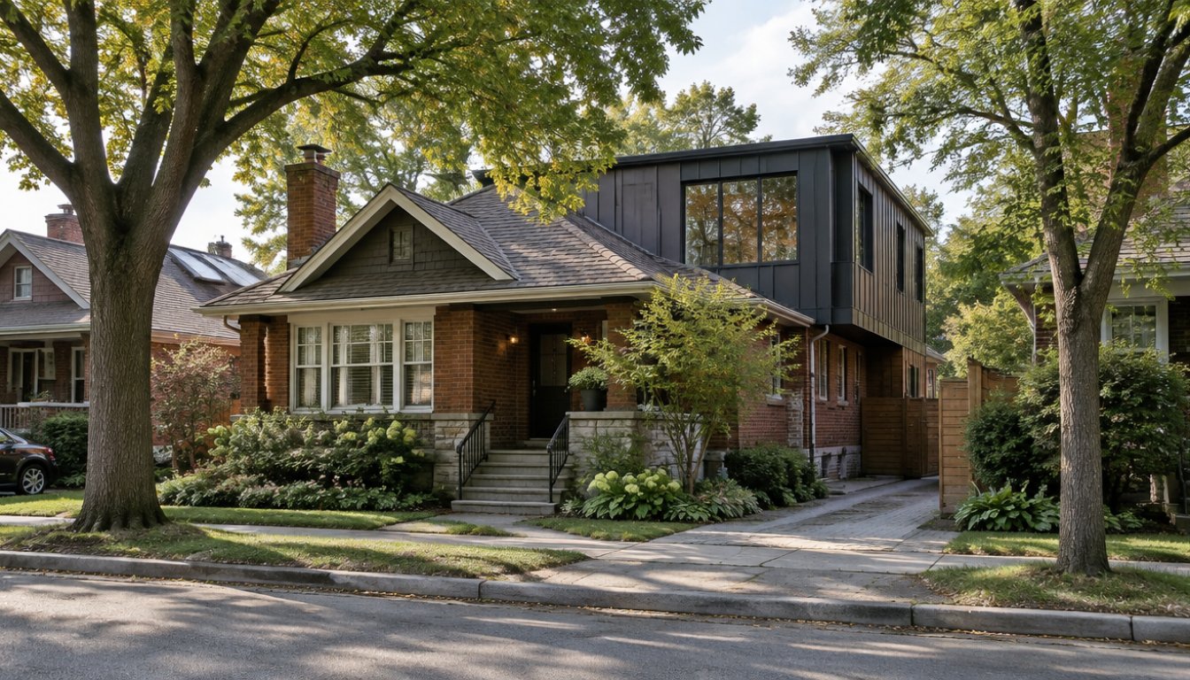 An east york toronto street with a 1940s brick bungalow beside a modern second-storey addition (illustrative)