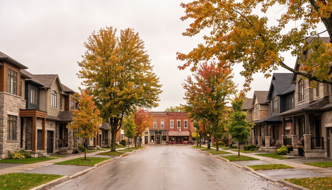 Townhouses and detached homes on a Markham street near a historic main street (illustrative)