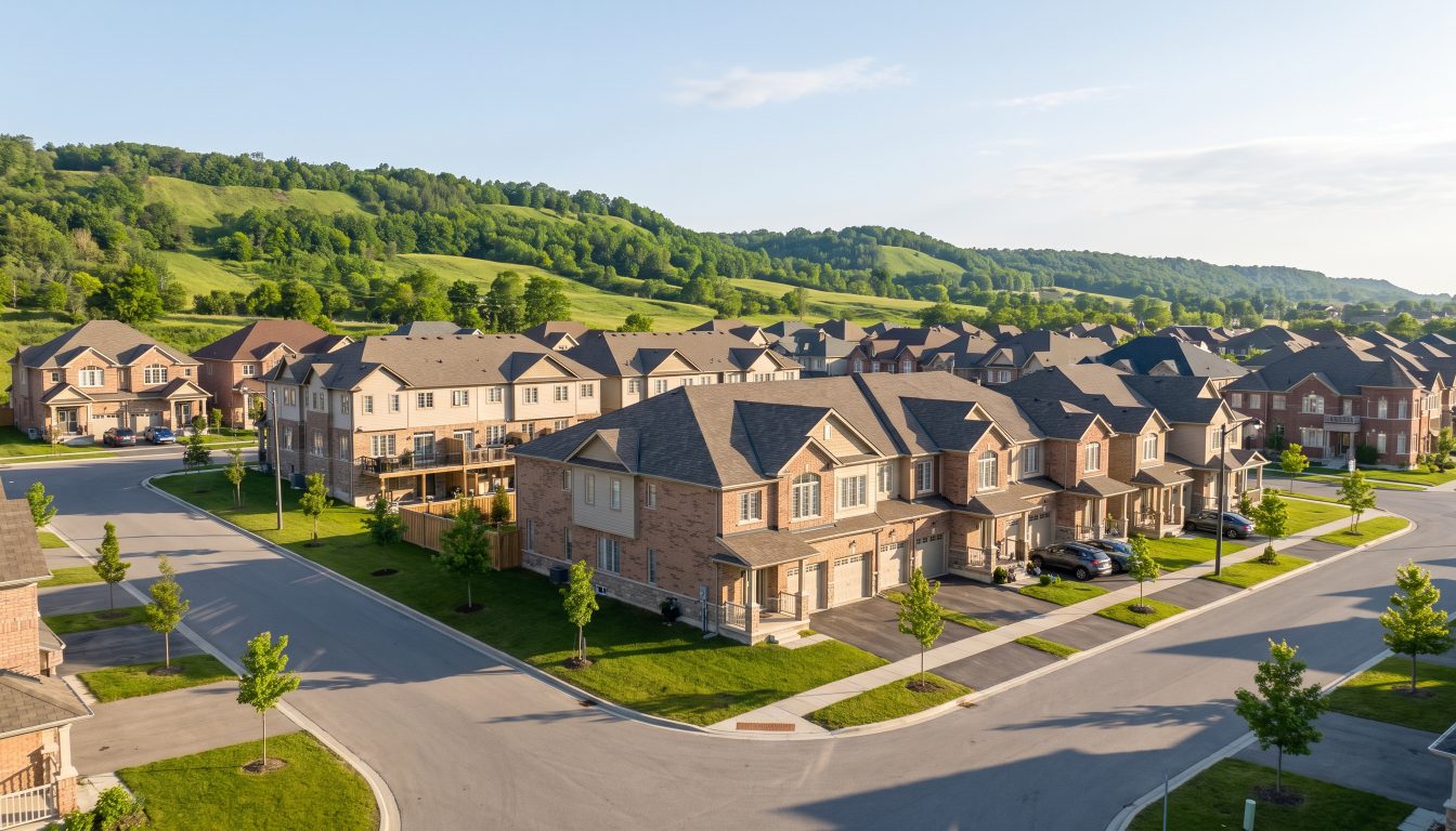 Townhouses and detached homes with escarpment hills behind in Milton (illustrative)