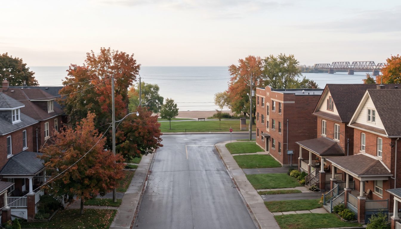 Older brick homes and a low-rise apartment building on a lakeside street in Mimico, Etobicoke (illustrative)