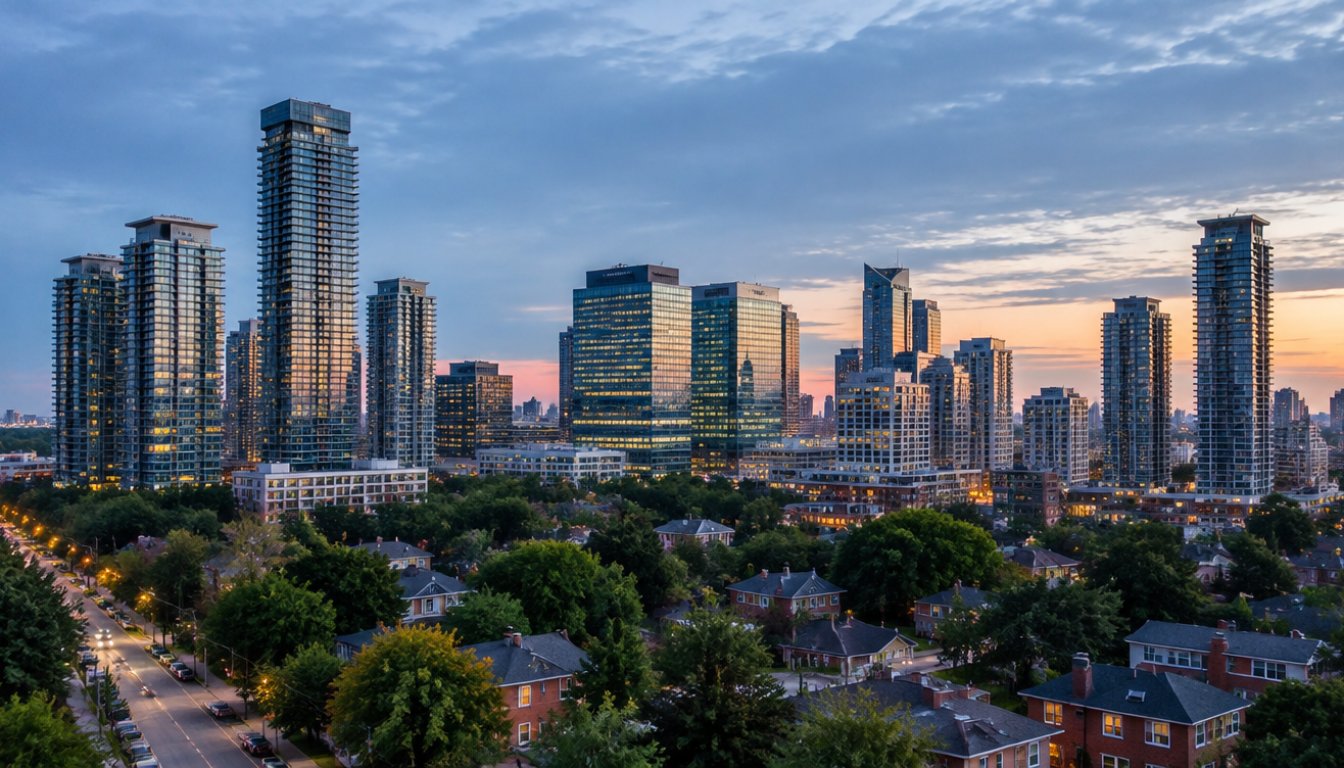 North york toronto skyline along yonge street with residential streets and the north york civic centre (illustrative)