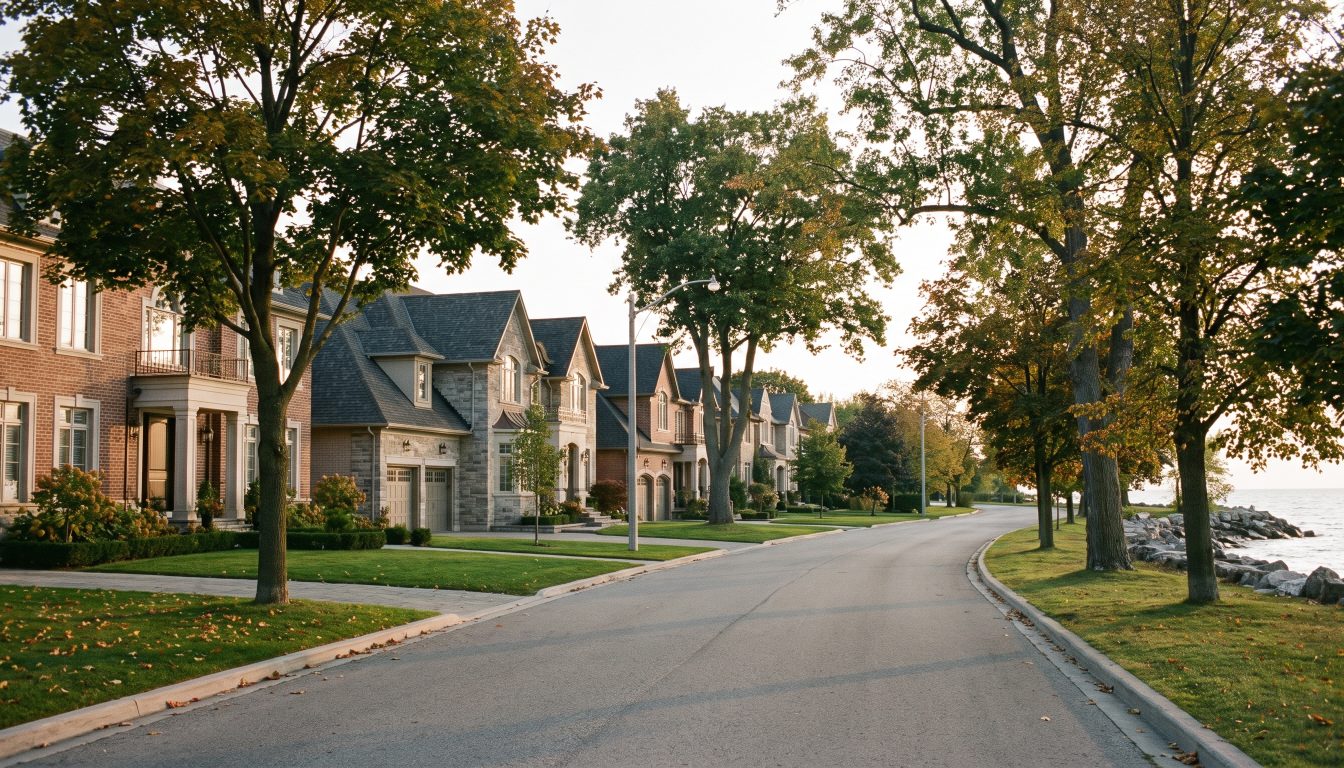 Large detached homes on a leafy upscale street in Oakville, Ontario (illustrative)