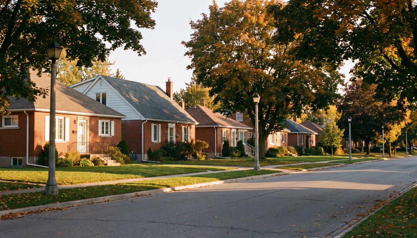 Older residential street of brick bungalows in Oshawa, Ontario (illustrative)