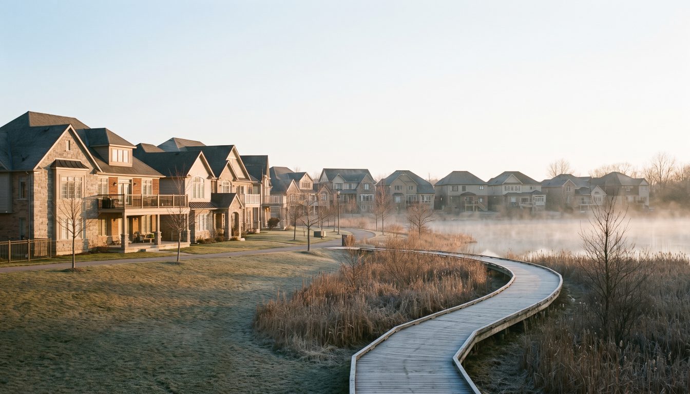 Two-storey detached homes near a lakeside park in Pickering, Ontario (illustrative)