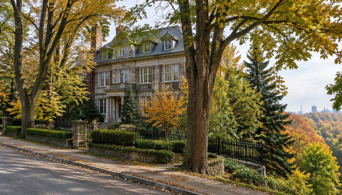 A grand edwardian mansion behind mature trees on a quiet ravine-side street in rosedale toronto (illustrative)