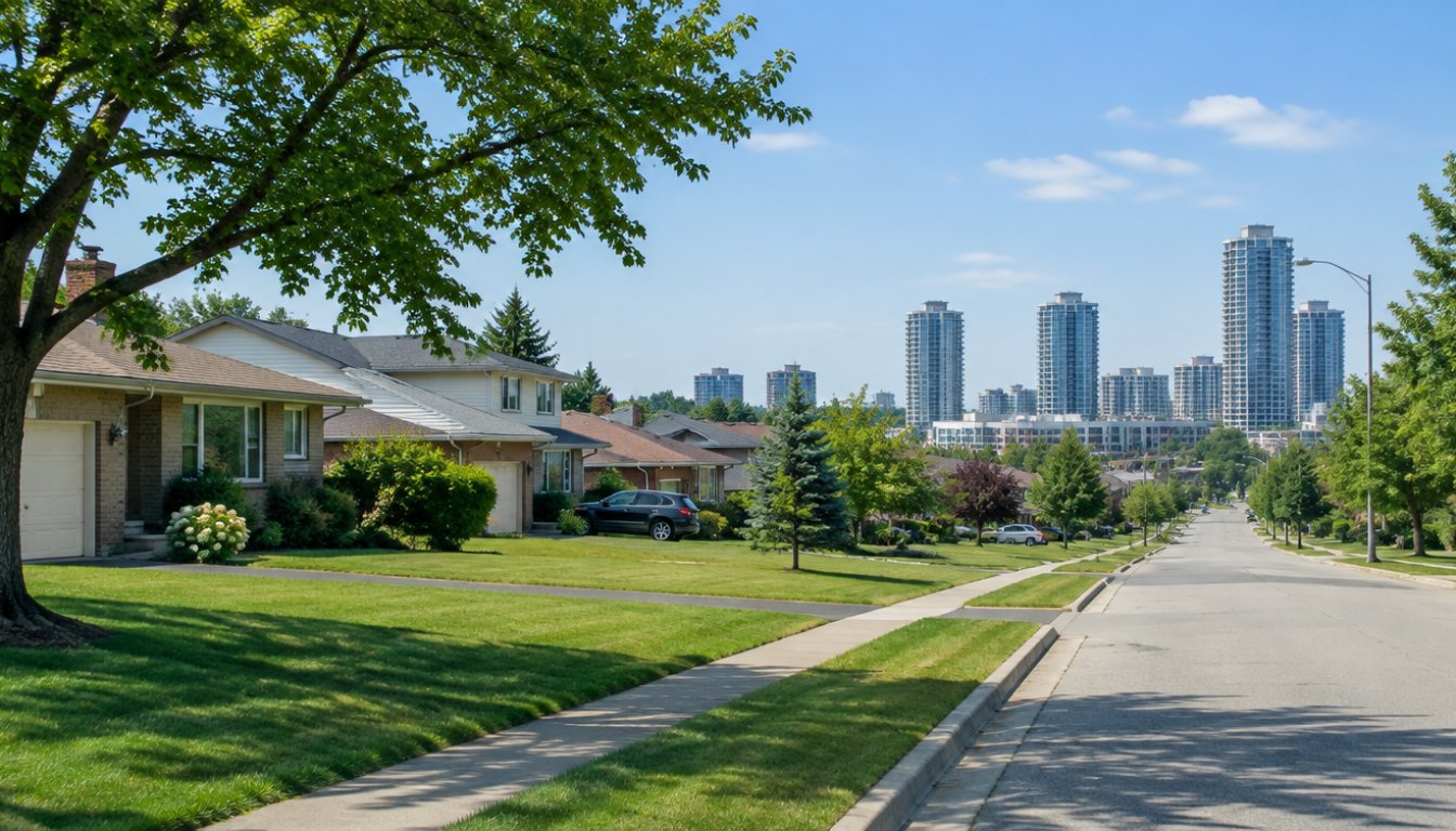 A scarborough toronto residential street with detached post-war houses and wide lawns (illustrative)