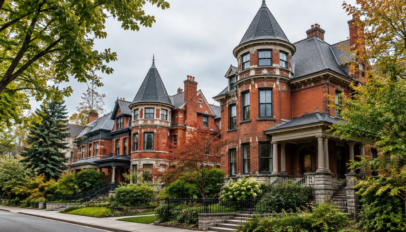 Grand red-brick victorian houses with turrets on a leafy annex street in toronto (illustrative)