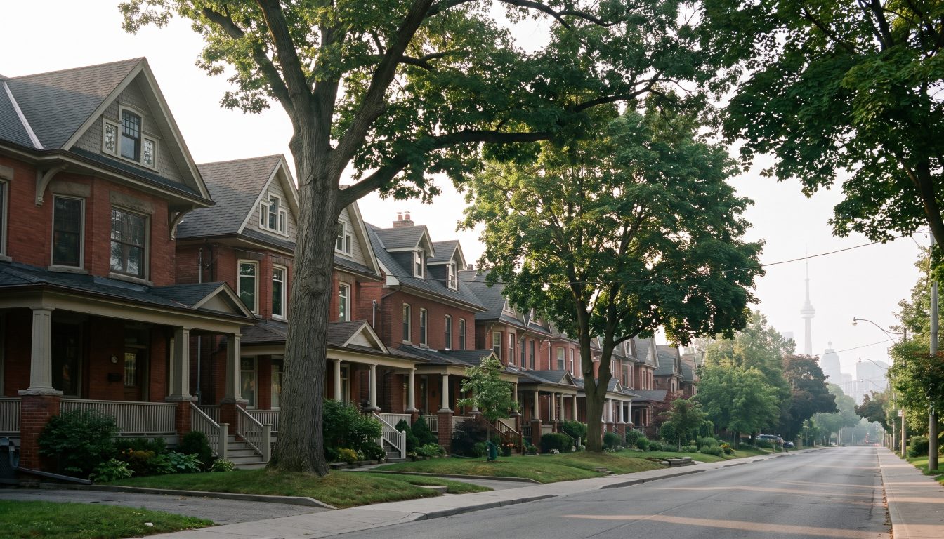 Victorian brick semi-detached houses on a leafy Toronto street (illustrative)