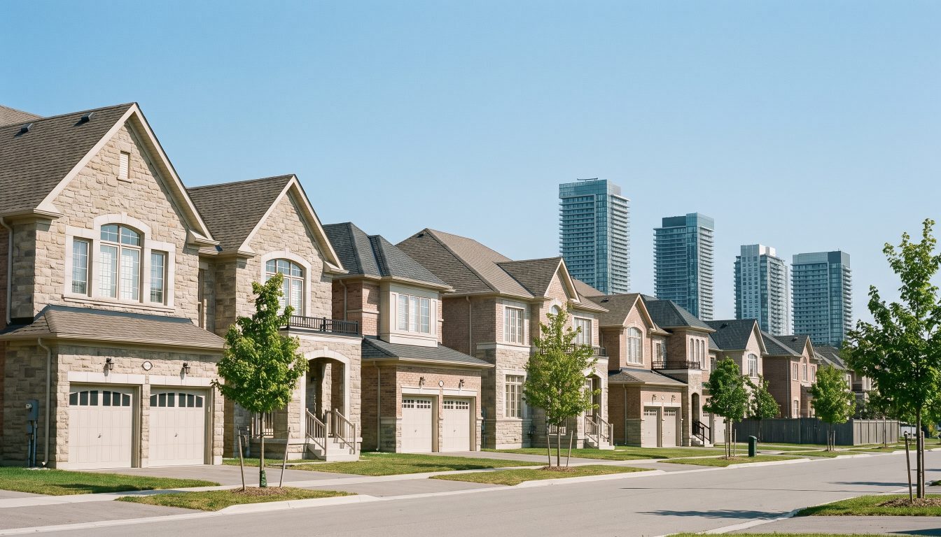 Newer detached homes with stone facades in a Vaughan subdivision (illustrative)